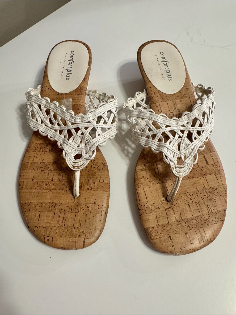 comfort plus by Predictions White Braided Cork-Style Thong Sandals- Size 7